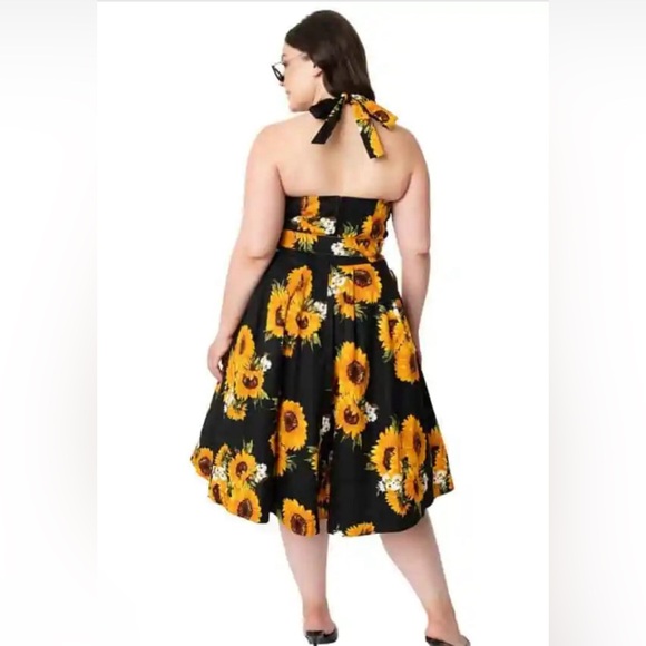 Unique Vintage Black Sunflower Print Tarrytown Dress - Picture 3 of 7
